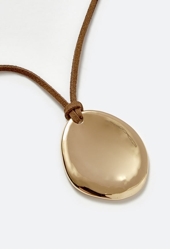 Ally Smooth Organic Pendant On Suede Cord Necklace Brown/ Gold