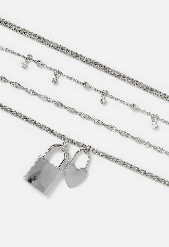 3-Rows Mara Mix Chain Necklace With Rhinestone Locket and Heart Pendant Silver