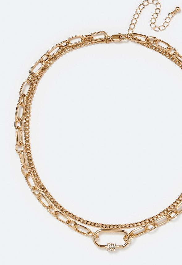 2-Row Sue Chain Necklace With Pave Detail Clasp Gold/ Gold