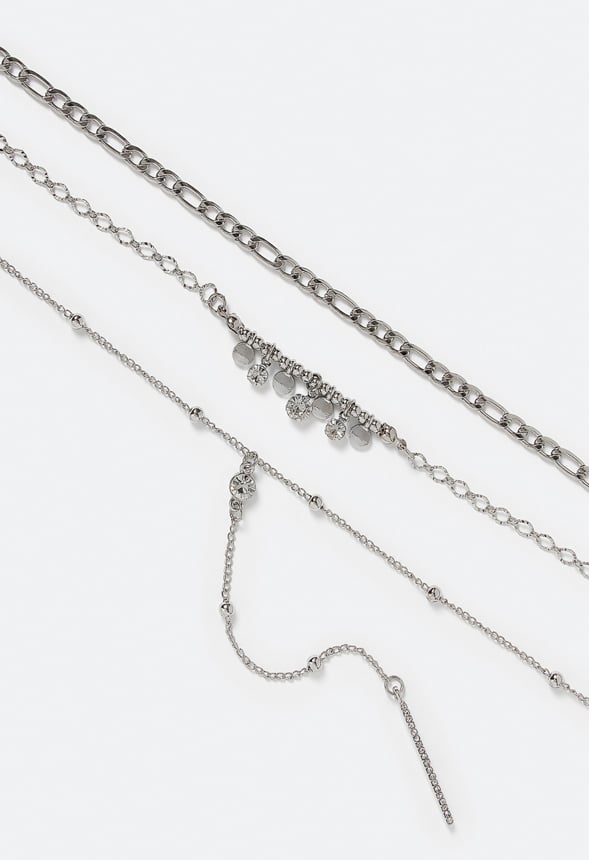 3-Rows Elia Necklace With Glass Stones And Disc Drops Silver