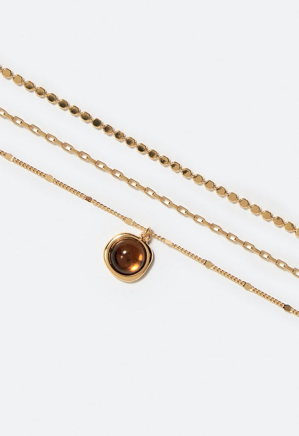 3-Row Mila Layered Necklace With Smooth Stone Set Drop Topaz/ Gold