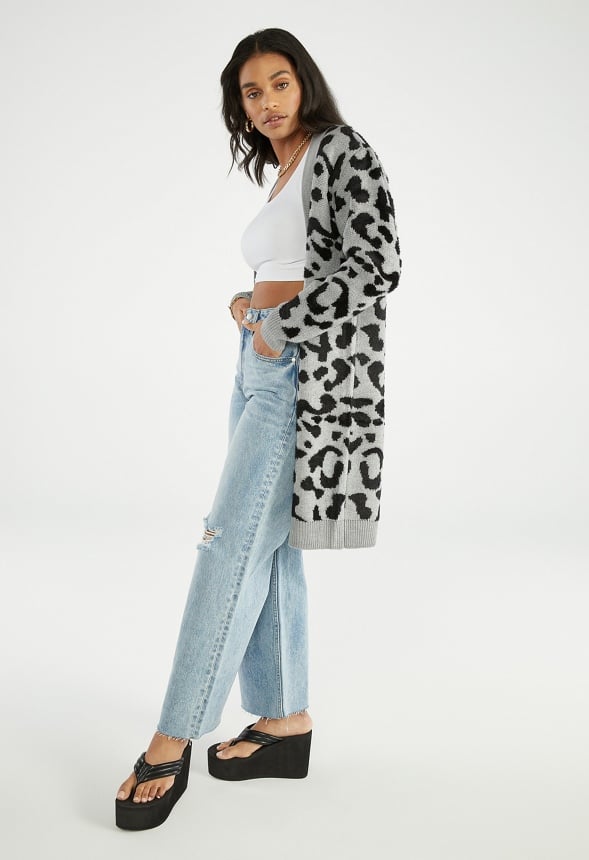 LONGLINE JACQUARD CARDIGAN Grey Leopard
