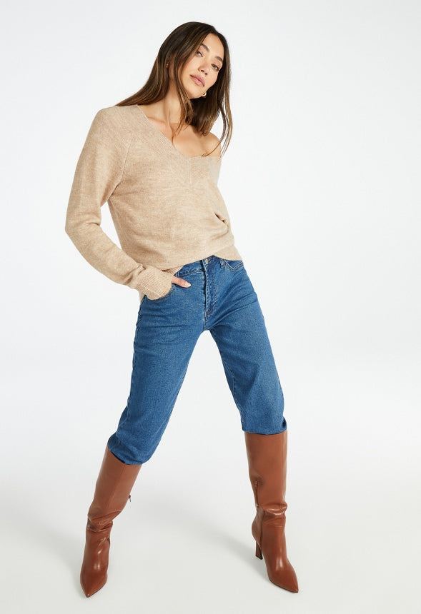 Cozy Boxy V-Neck Sweater Light Taupe
