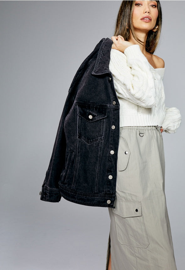 Boxy Crop Cable V-Neck Sweater Marshmallow White
