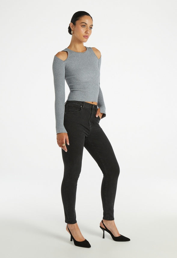 Cutout Cold Shoulder Long Sleeve Top Medium Heather Grey