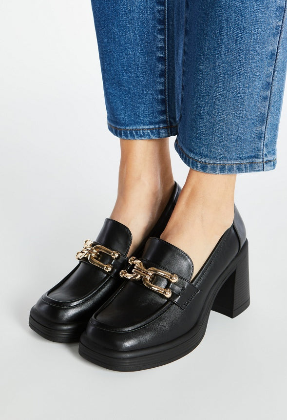 Daria Block Heeled Loafer Pump Black Caviar