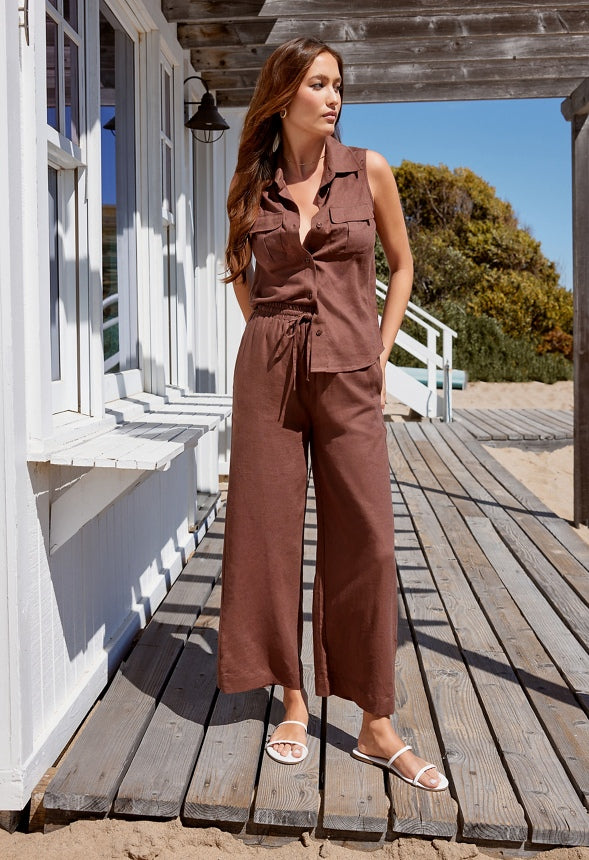 Pull On Wide Leg Cropped Pants Chocolate Lab