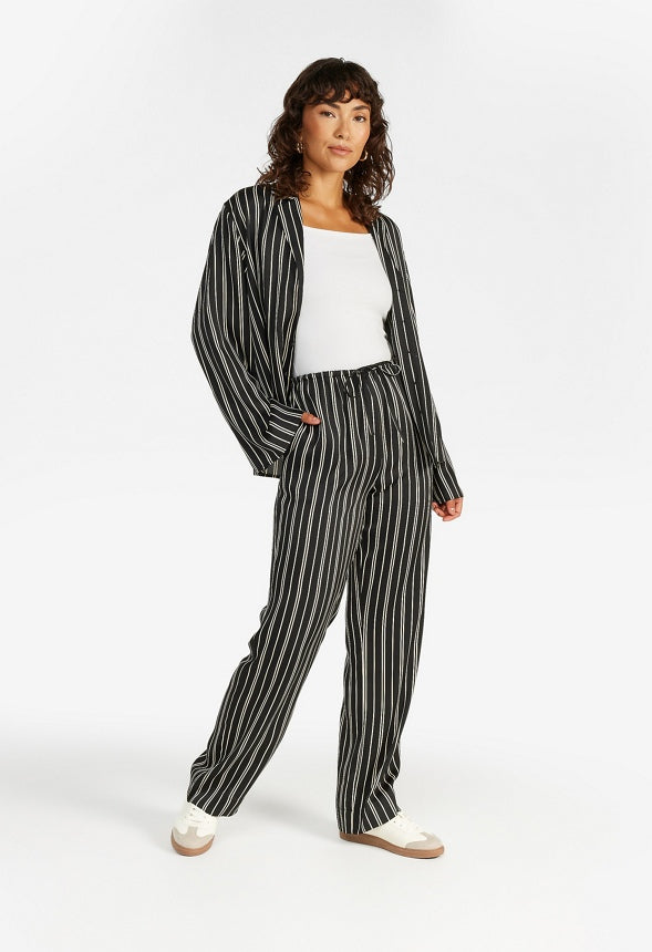 Satin Striped Wide Leg Pants Black Caviar/ Beige Stripe