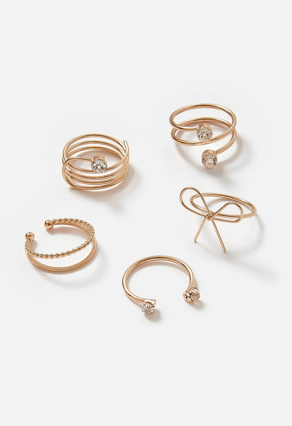 Demi Bow Motif And Glass Stone Mixed Rings Pack Crystal/ Gold