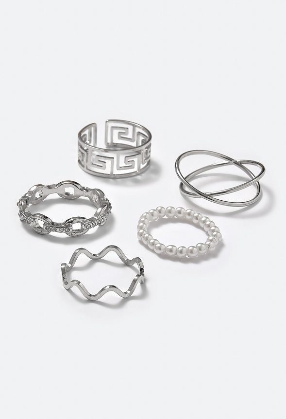 Rene Glass Pearls And Mix Motif Rings Pack Silver