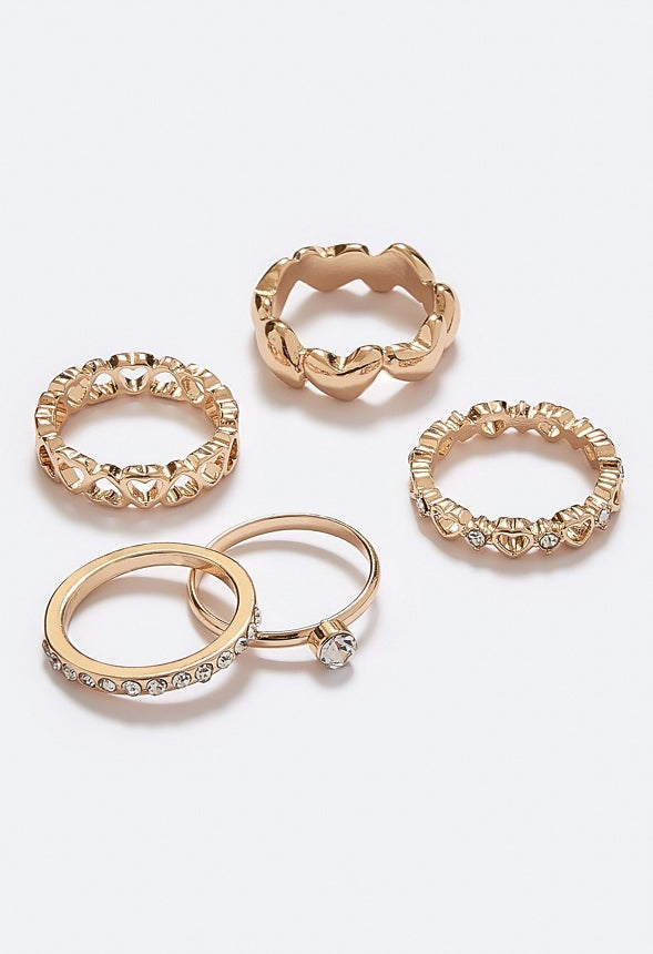 Fray Mix Heart Rings Pack With Glass Stones Detail Crytsal/ Gold