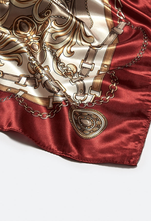Ruby Mixed Chain Print Silk Like Scarf With Red Border Red Mix Fabric