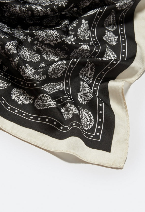Tia Paisley Print Silk Like Scarf With Cream Border Black/ White Mix/ Fabric