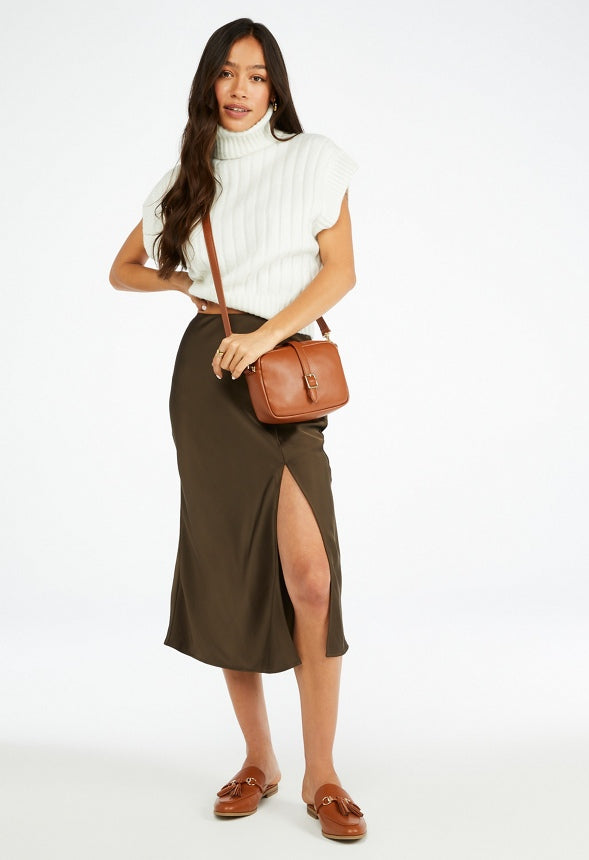 Charmeuse Slip Midi Skirt Brown