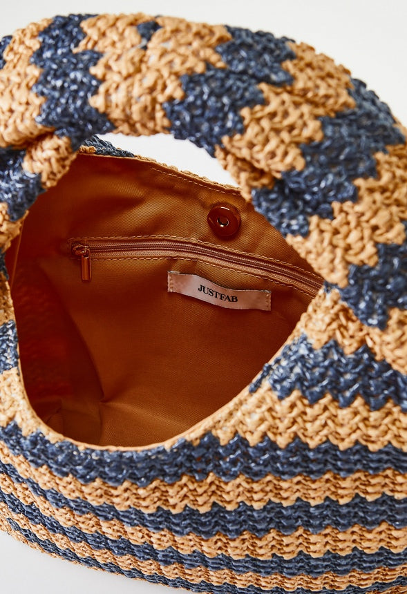Stripe Crochet Raffia Bag Natural/ Medieval Blue