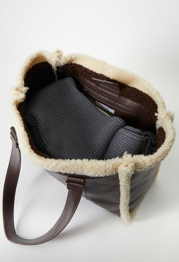 Shearling Trimmed Tote Bag Brown