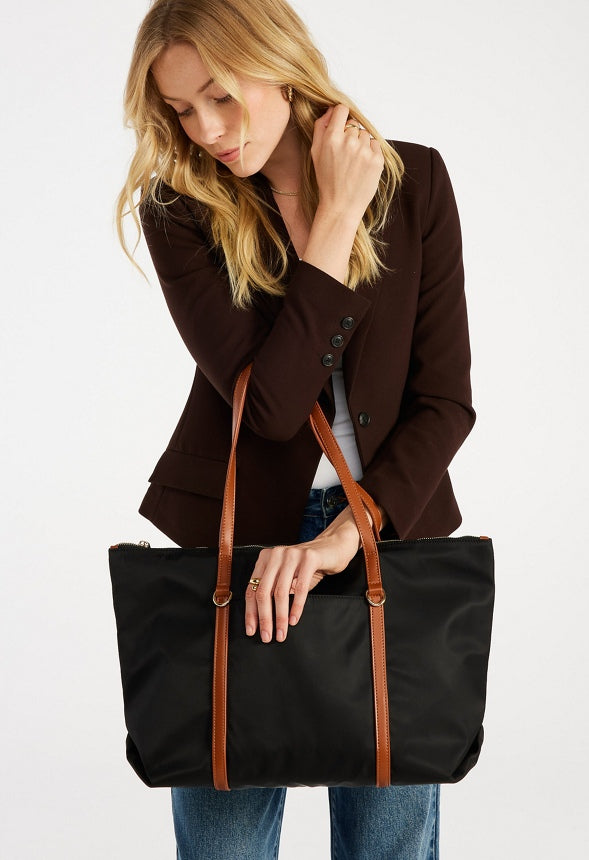 Nylon Tote Black/ Leather Brown