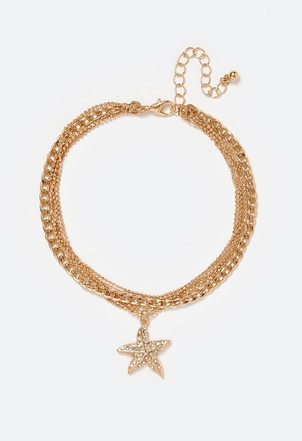 Hali Multi Chain Anklet With Pave Starfish Drop Crystal/ Gold