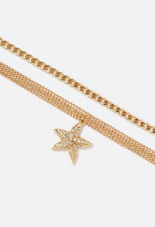 Hali Multi Chain Anklet With Pave Starfish Drop Crystal/ Gold