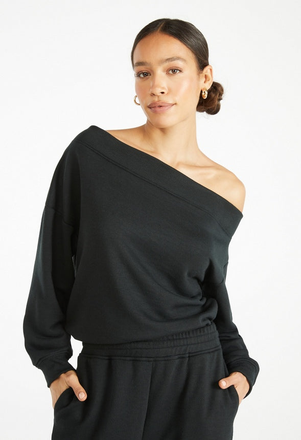 Off Shoulder Fleece Sweatshirt Black Caviar