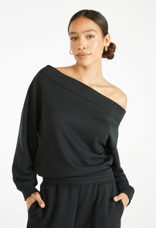 Off Shoulder Fleece Sweatshirt Black Caviar
