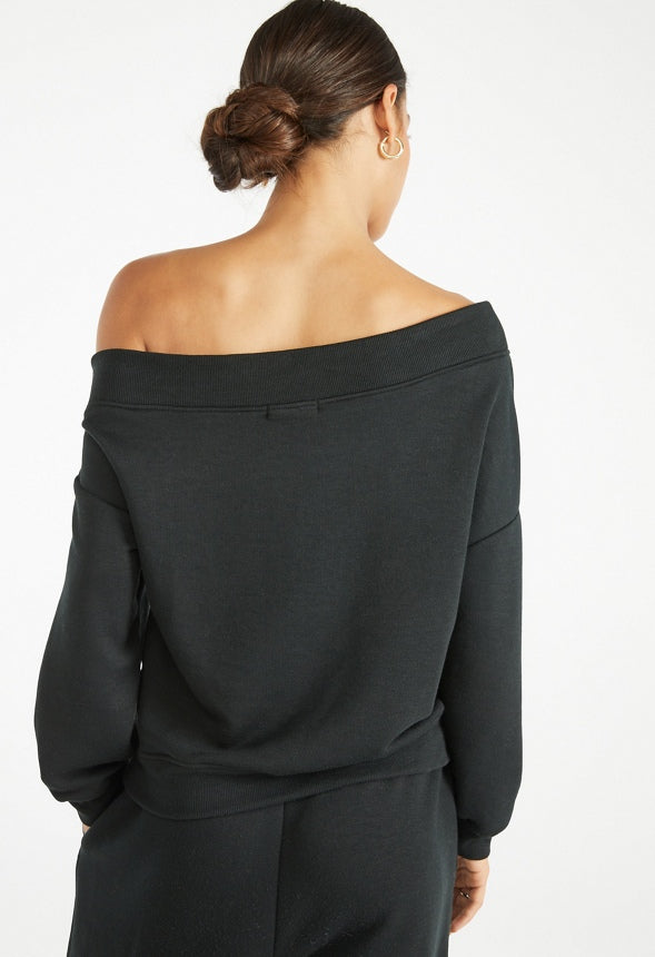 Off Shoulder Fleece Sweatshirt Black Caviar