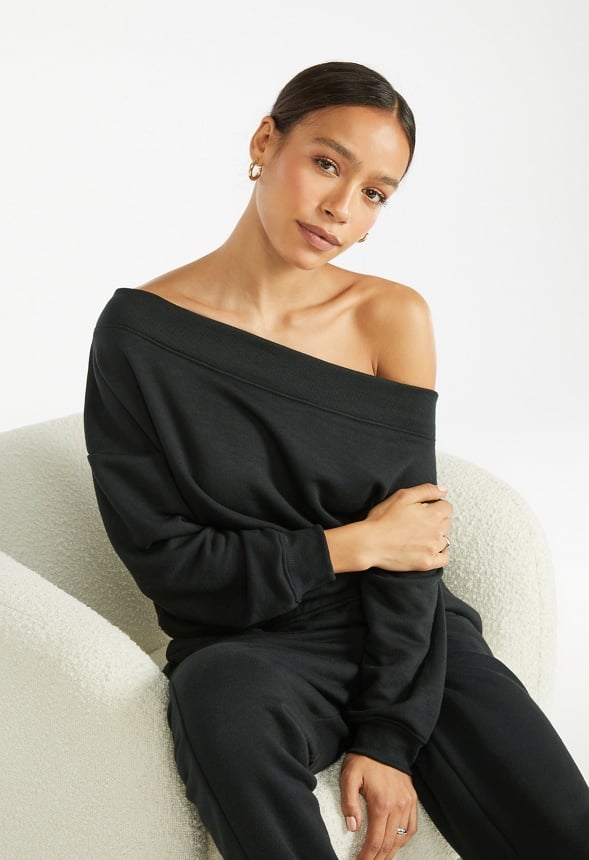 Off Shoulder Fleece Sweatshirt Black Caviar