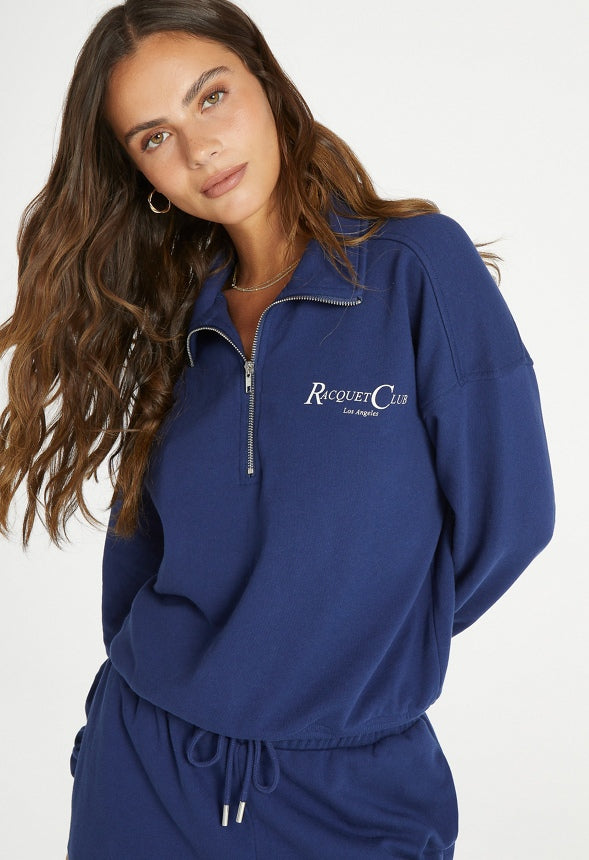 Quarter Zip Pullover Sweatshirt Medieval Blue/ White Graphic
