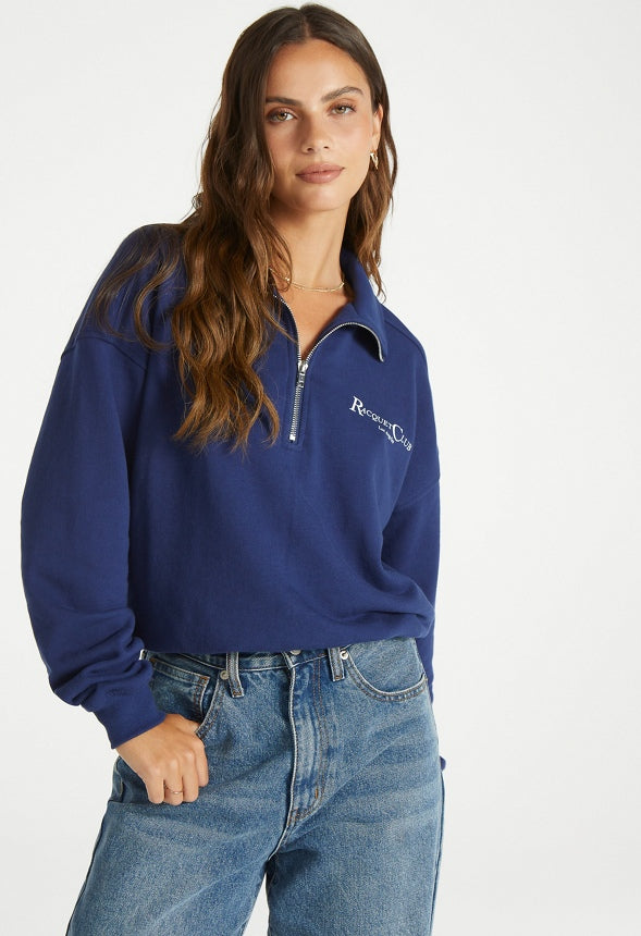 Quarter Zip Pullover Sweatshirt Medieval Blue/ White Graphic