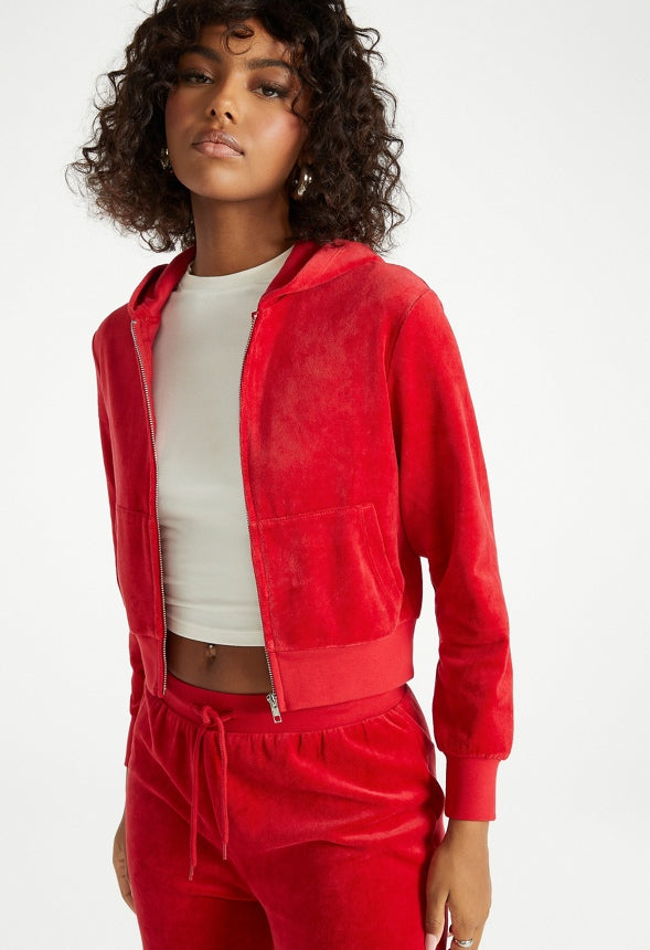 Velour Cropped Hoodie Salsa Red