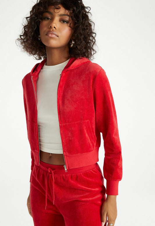 Velour Cropped Hoodie Salsa Red