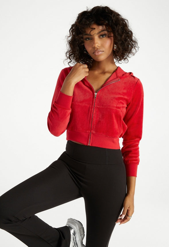 Velour Cropped Hoodie Salsa Red