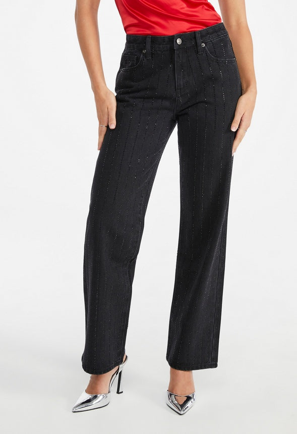 Carter Rhinestone Mid Rise Straight Leg Jeans Black Caviar/ Rhinestone