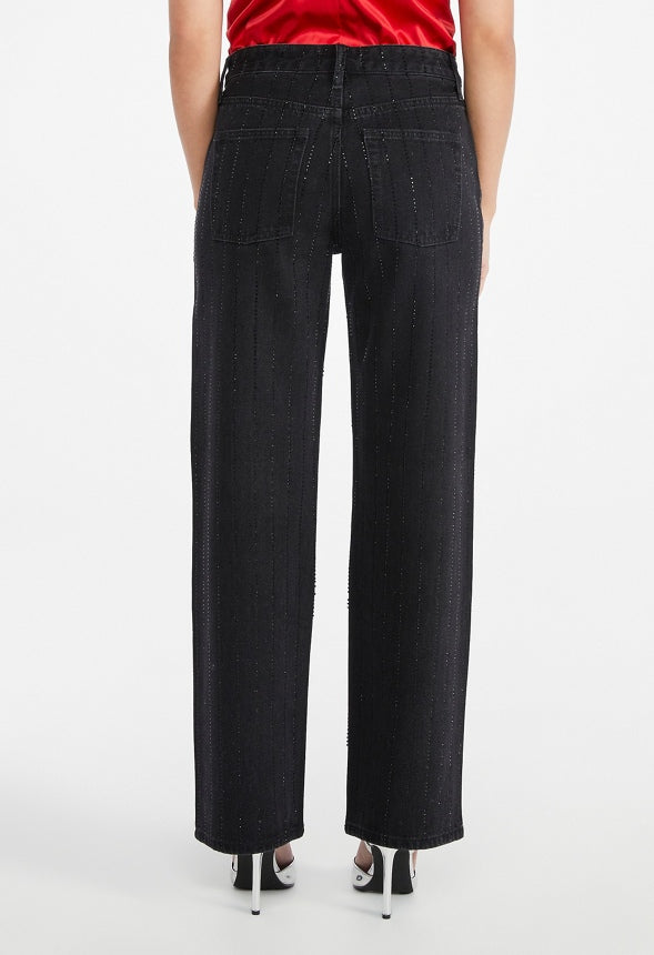 Carter Rhinestone Mid Rise Straight Leg Jeans Black Caviar/ Rhinestone