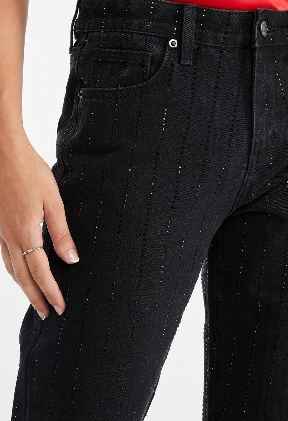 Carter Rhinestone Mid Rise Straight Leg Jeans Black Caviar/ Rhinestone