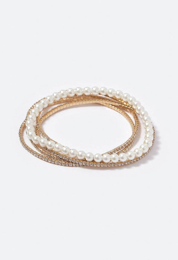 Laura Rhinestone and Pearl Mixed Bracelets  Cream/Gold