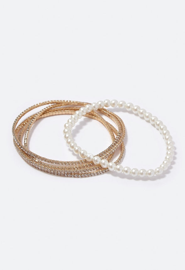 Laura Rhinestone and Pearl Mixed Bracelets  Cream/Gold