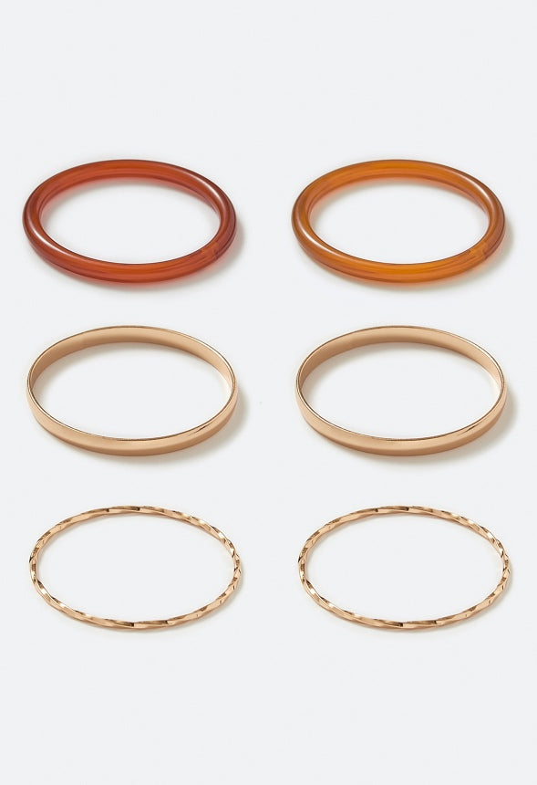Jovie Resin And Mixed Texture Metal Bangle Set  Brown/ Gold