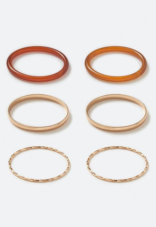 Jovie Resin And Mixed Texture Metal Bangle Set  Brown/ Gold