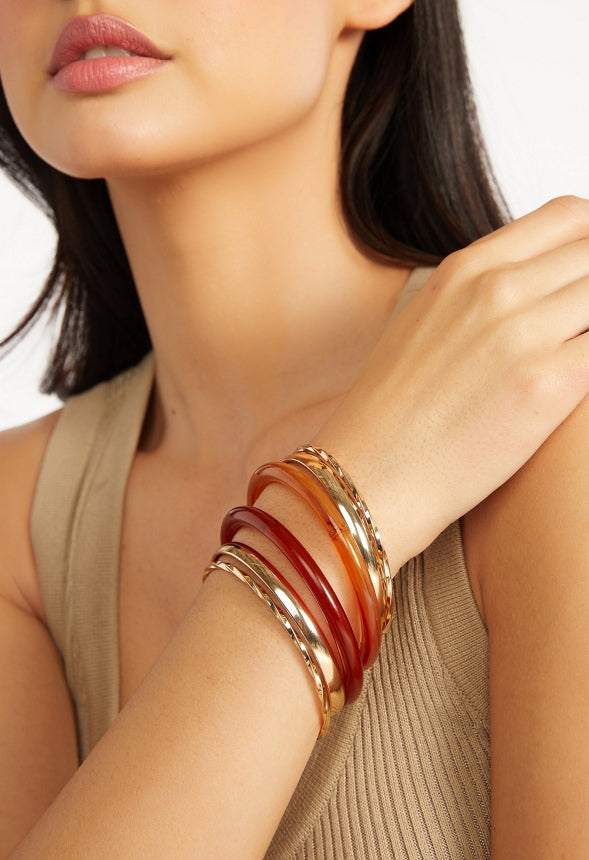 Jovie Resin And Mixed Texture Metal Bangle Set  Brown/ Gold