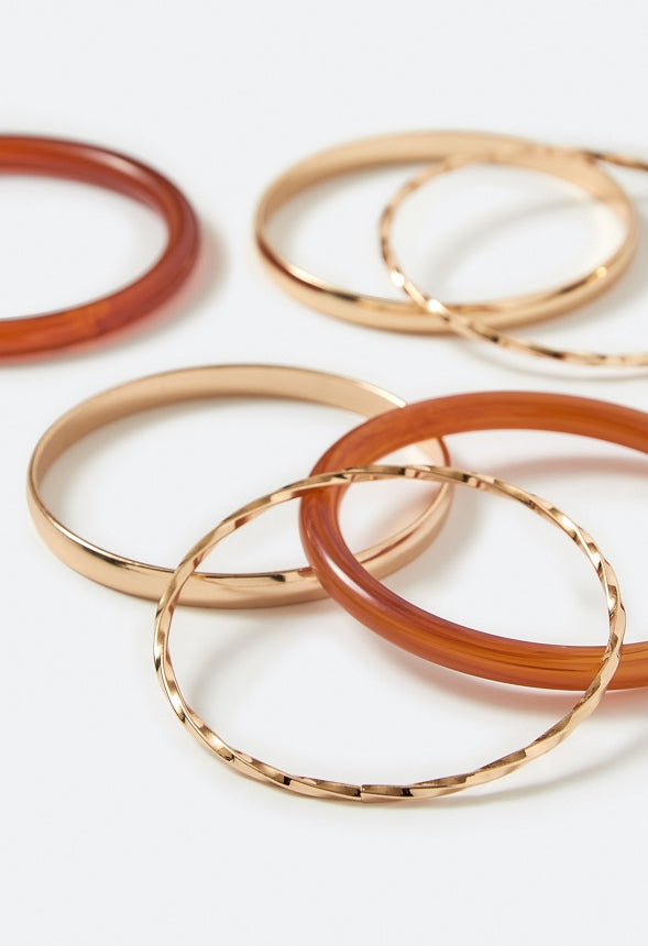 Jovie Resin And Mixed Texture Metal Bangle Set  Brown/ Gold