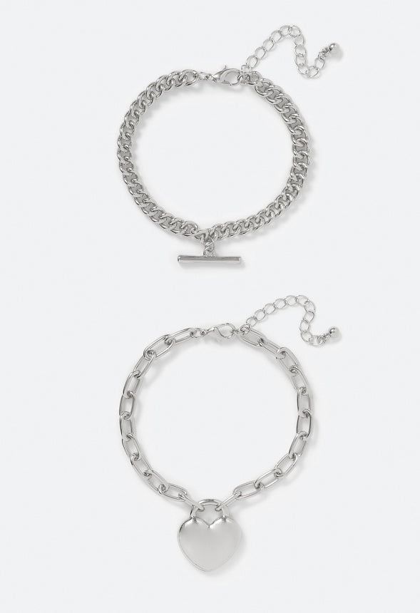 2-Pack Bria Heart and T-bar Chain Bracelet Set Silver