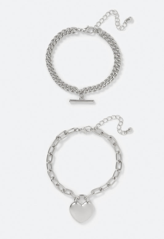 2-Pack Bria Heart and T-bar Chain Bracelet Set Silver