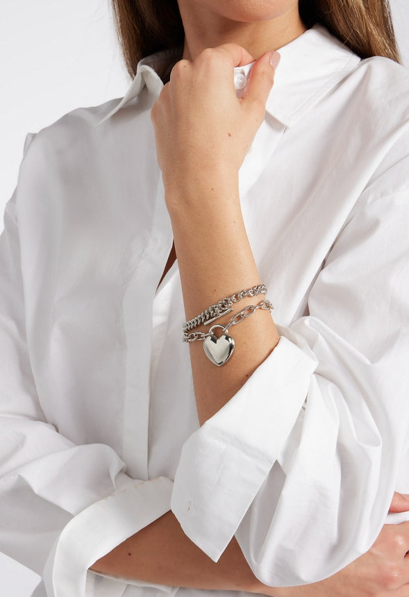 2-Pack Bria Heart and T-bar Chain Bracelet Set Silver