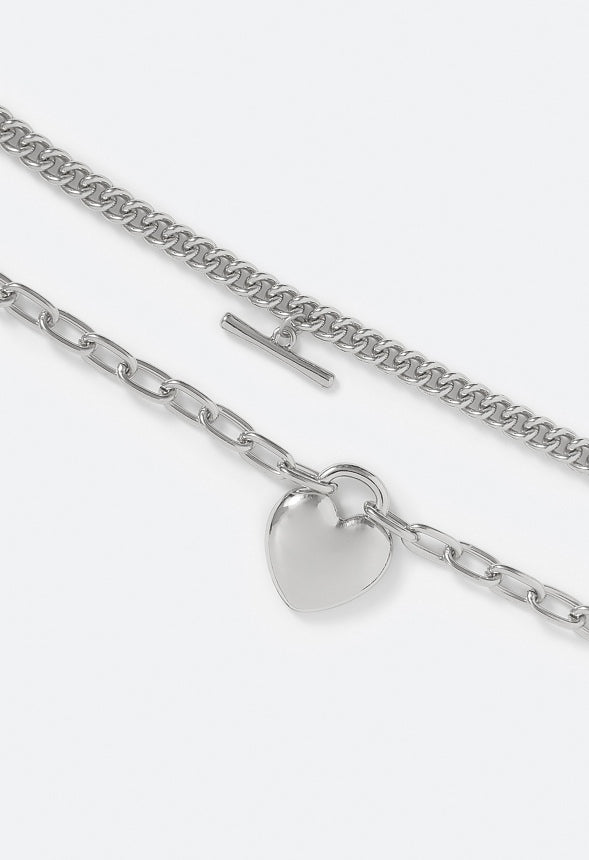 2-Pack Bria Heart and T-bar Chain Bracelet Set Silver