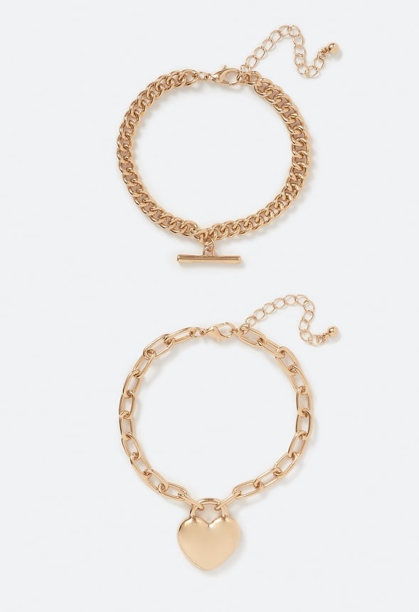 2-Pack Bria Heart and T-bar Chain Bracelet Set Gold