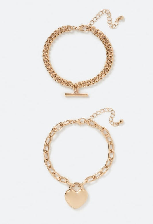2-Pack Bria Heart and T-bar Chain Bracelet Set Gold