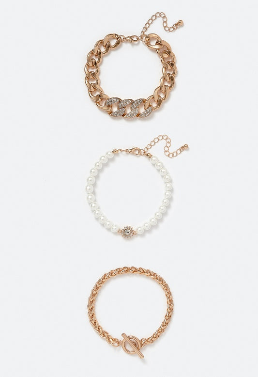 3-Piece Elia Mixed Chains & Pearls Bracelets Pack Cream/ Gold