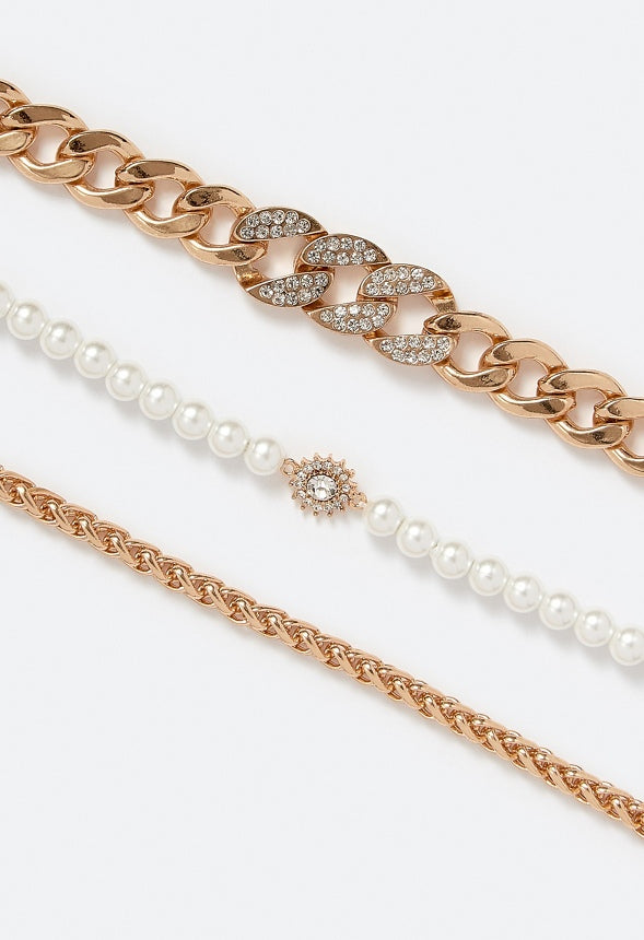 3-Piece Elia Mixed Chains & Pearls Bracelets Pack Cream/ Gold