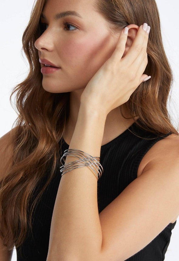 Gio Adjustable Multi Wired Criss Cross Cuff Bracelet Silver